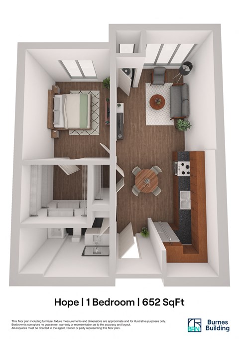 Floor plan for 1 bed, 1 bath, 652 sqft